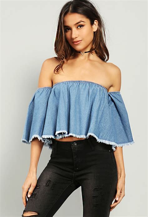 Lace Up Off The Shoulder Denim Top Shop Whats New At Papaya Clothing