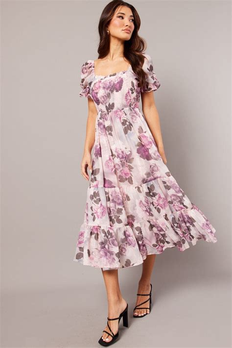 Pink Floral Maxi Dress Puff Sleeve Ally Fashion