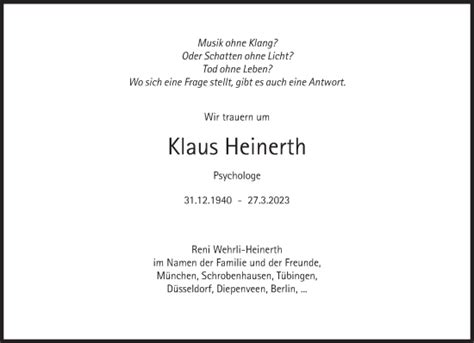 Traueranzeigen Von Klaus Heinerth SZ Gedenken De