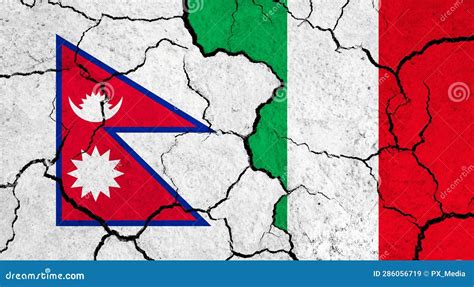 Flags Of Nepal And Italy On Cracked Surface Stock Illustration