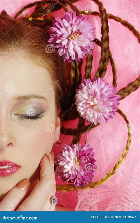 Beautiful Girl With Flowers On Her Hair Stock Image Image Of Cute