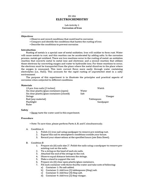 Electrochemistry Laboratory Activity | PDF | Corrosion | Metals