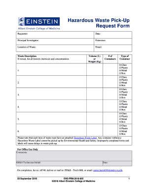 Fillable Online Hazardous Waste Pick Up Request Form Albert Einstein