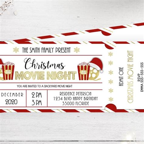 Christmas Movie Night Invitation Printable Ticket Editable Etsy