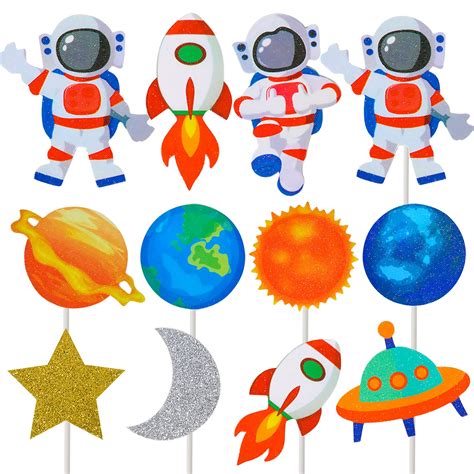 Outer Space Party Decoration Astronaut Rocket Glitter Cupcake Toppers