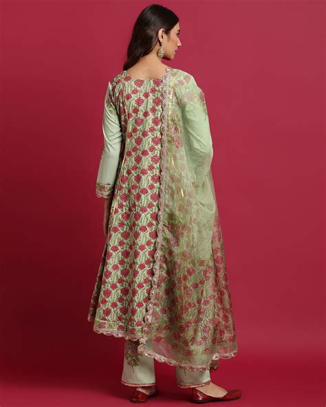 Pista Green Floral Printed Anarkali Kurta And Pants With Dupatta Set