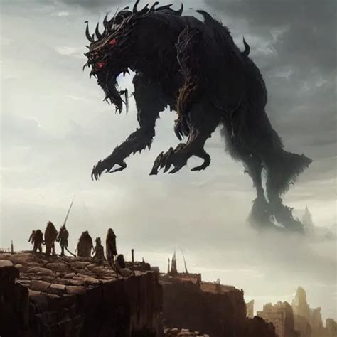 A Giant Shadow Beast Looming Over A Group Of Stable Diffusion