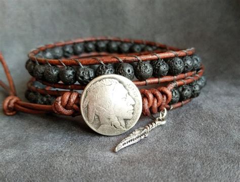 Lava Bead Bracelet, Native American Indian Style, Unisex Bracelet, Mens Leather Wrap Gift, Gift ...