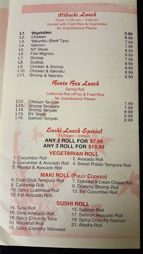 Menu At Tokyo Hibachi Sushi Restaurant Winchester Winchester Plz