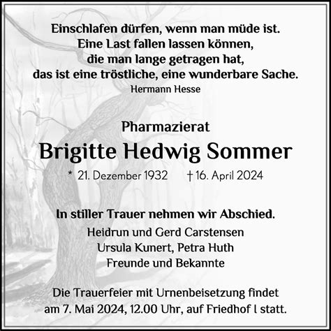 Traueranzeigen Von Brigitte Hedwig Sommer Abschied Nehmen De