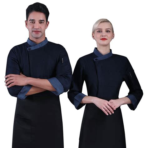 Irder Contrast Hem Denim Side Open Upgrade Chef Coat Baking Uniform