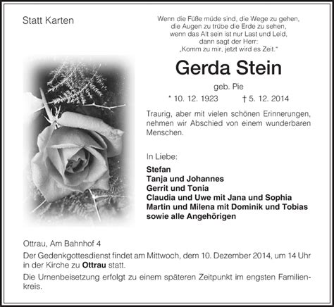 Traueranzeigen Von Gerda Stein Trauer HNA De