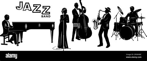 Jazz Band Silhouettes Set Pianist Singer Double Bassist Saxophonist Drummer Vector