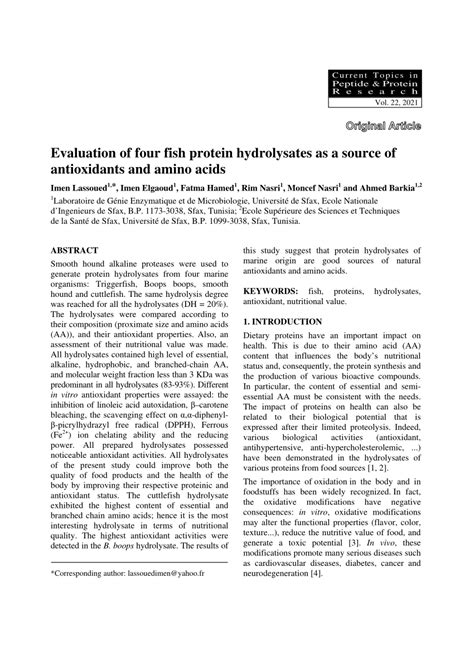 Pdf Evaluation Of Four Fish Protein Hydrolysates As A Source Of