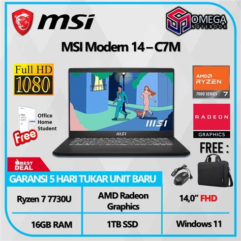 Jual MSI MODERN 14 C7M Ryzen 7 7730U 16GB 1TB SSD Radeon 14 0 FHD