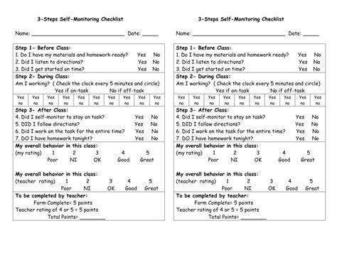 Free Printable Self Monitoring Checklist