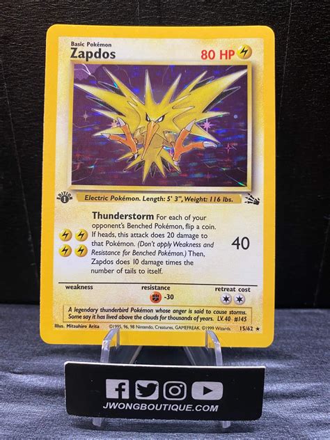 1999 1st Edition Pokemon Zapdos Fossil 15 Of 62 Holo Mint Jwong Boutique