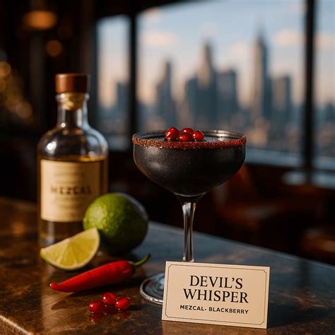 Devil's Whisper, Spicy black cocktail with mezcal, blackberry, and ...