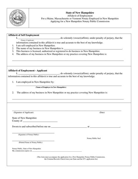 New Hampshire Affidavit Of Employment For A Maine Massachusetts Or