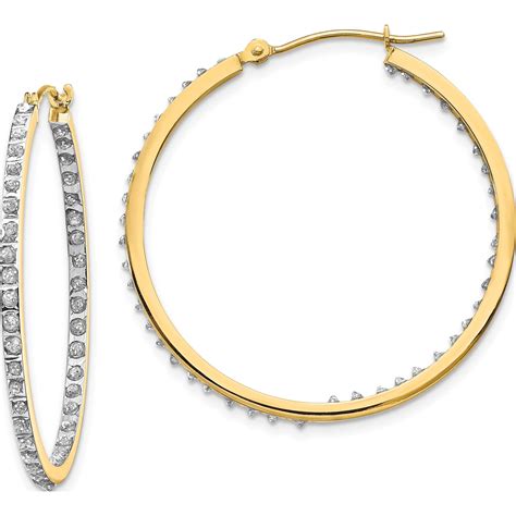 14K Yellow Gold Diamond Fascination Round Hinged Hoop Earrings 35 X 2