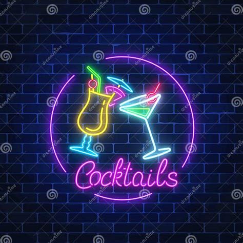 Neon Cocktails Bar Sign In Circle Frame With Lettering On Dark Brick Wall Background Glowing