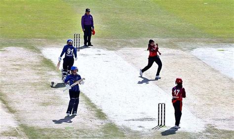 Women cricket players in action during a cricket exhibition match at ...