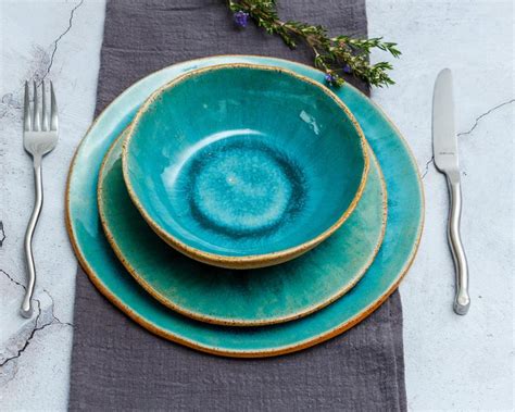 Turquoise Pottery Dinnerware Set Handmade Ceramics Blue Etsy Ceramic Dinner Set Ceramic