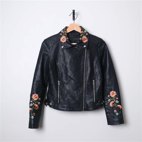 // AFTF Basic Embroidery Flower Faux Leather Moto... - Depop