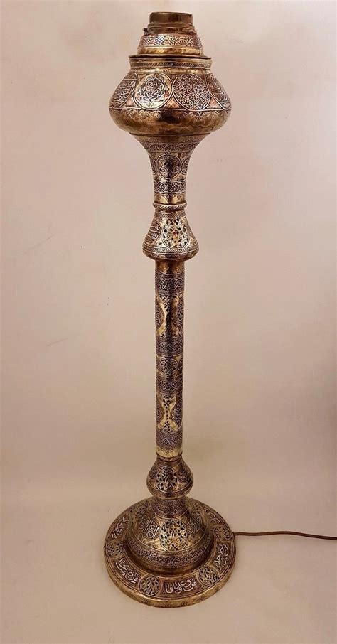 Antique Persian Islamic Cairoware Arabic Damascus Silver Inlaid Lamp Stand 95cm Antique Price