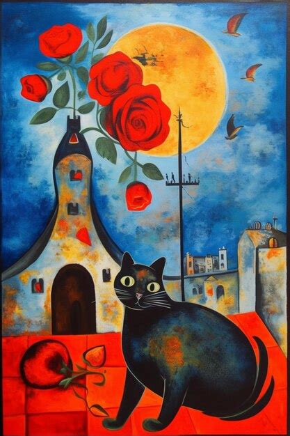 Una Pintura De Un Gato Y Rosas Rojas Foto Premium