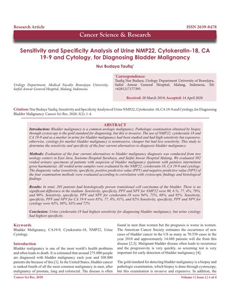 PDF Sensitivity And Specificity Analysis Of Urine NMP22 Cytokeratin