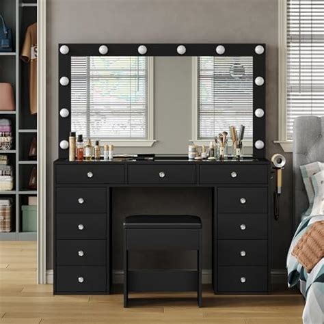 Yitahome Vanity Desk Set With Large Led Lighted Mirror And Power Outlet Makeup Vanity