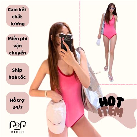 Đồ bơi Nữ một mảnh hai dây chất vải nhung mịn màu hồng basic P P BIKI P P Bikini Thương