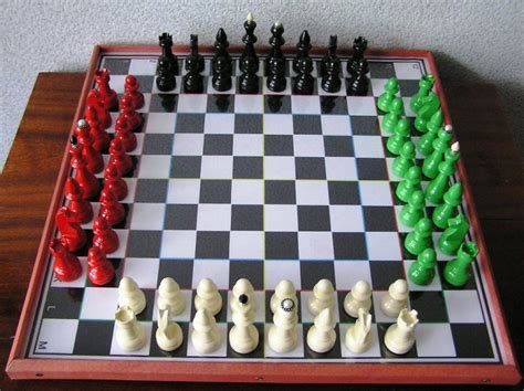 3D Chess Board with Red, White, and Green Pieces