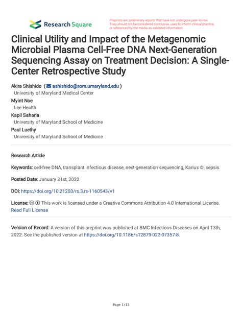 Pdf Clinical Utility And Impact Of The Metagenomic Microbial Plasma