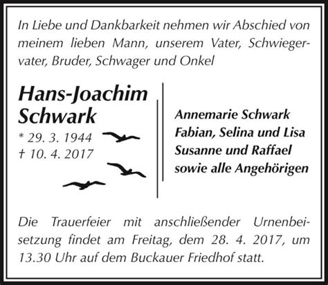 Traueranzeigen Von Hans Joachim Schwark Abschied Nehmen De