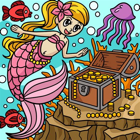 Mermaid With Treasure Box Colored Cartoon 8208711 Vector Art At Vecteezy