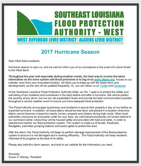 SLFPA-W Board President’s 2017 Hurricane Season Letter | Southeast ...