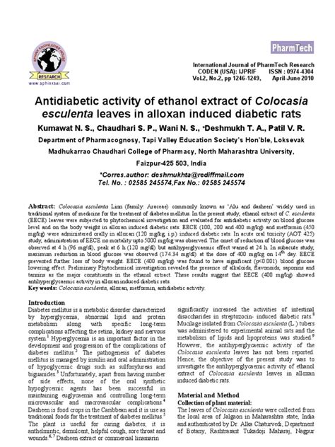 Anti Diabetic Activity Of Ethanol Extract Of Colocasia Esculenta Leaves