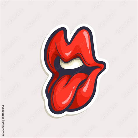 Vector color sticker cartoon mouth showing tongue. Hand drawn lips in comics style isolated on ...