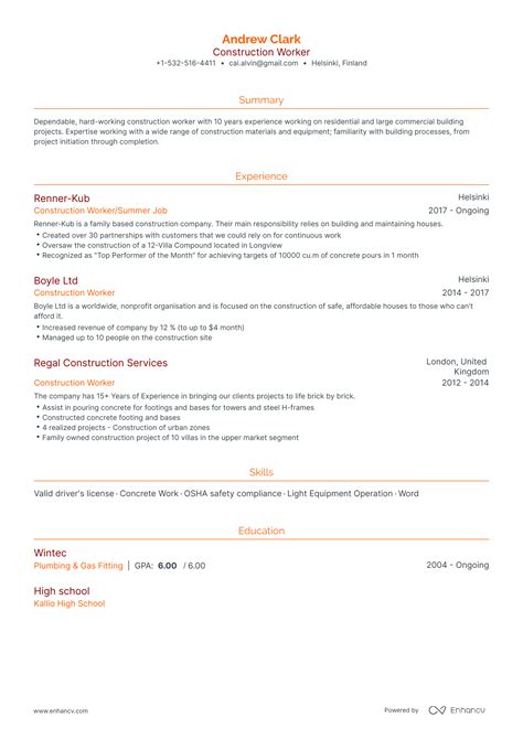 Construction Worker Resume Examples Guide For Layout Skills