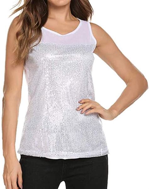 Yumimi88 Damen Pailletten Shirt Ärmellos Sparkle Glitzer Weste Tops