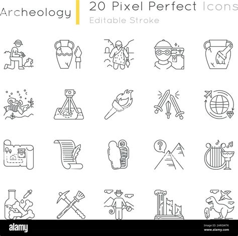 Archeology linear icons set. Excavation. Ancient artifacts. Old culture ...