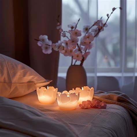 Cherry Blossom Shaped Candles Placed On The Bedside Table In The