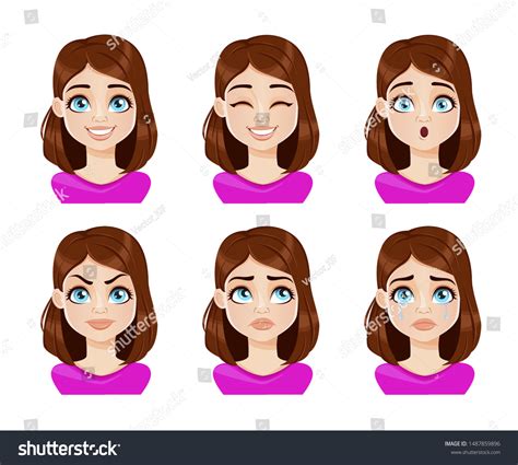 Face Expressions Woman Purple Blouse Different Stock Vector Royalty