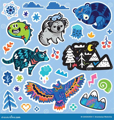 Collection Of Blue Stickers Fantasy Cartoon Animals And Creatures