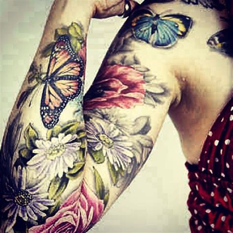 Woman Arm Tattoo Butterfly With Flowers Tattoo Sleeve Tattoos For