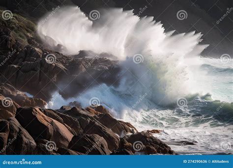 Tsunami Wave Crashing Into Rocky Seashore With Spray Flying In The Air