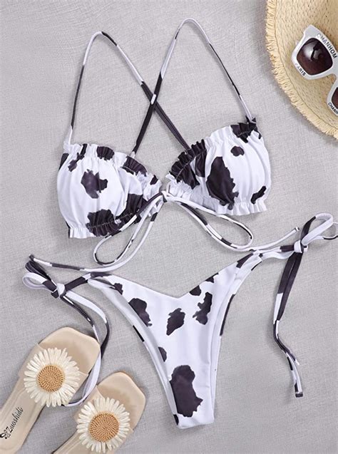 Women S Cow Print Halter Cinched String Triangle Bikini Set Ribbed Tie