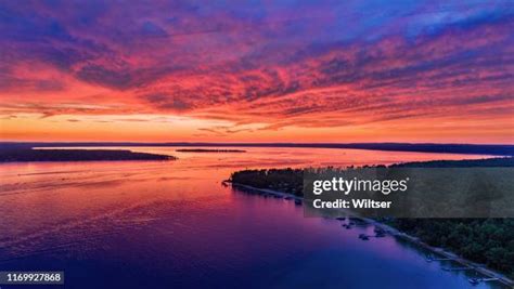 flag point higgins lake fiery sunset high res stock photo getty images